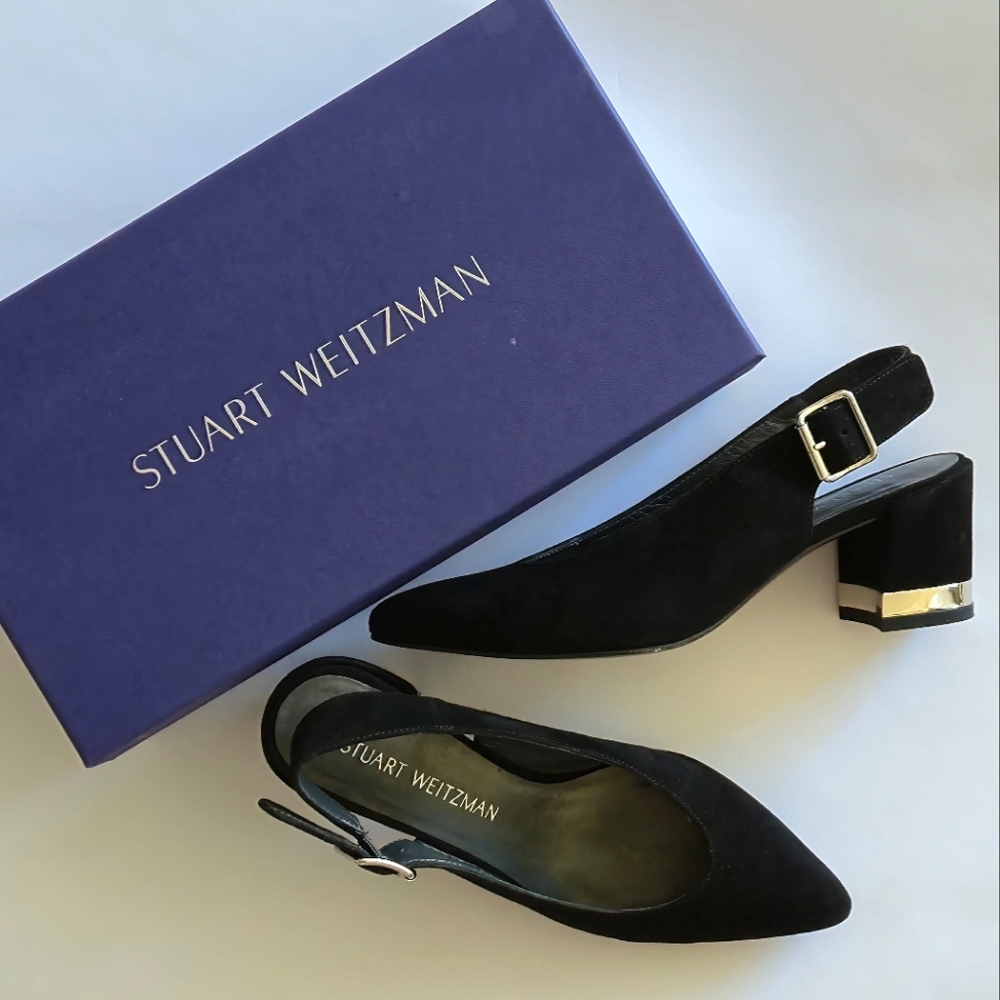 Stuart Weitzman Lamellamid slingback shoes in black suede size 6